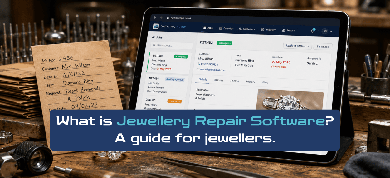 A jewellery repair workbench with a traditional repair packet next to an iPad showing a repair job in Datopia Flow