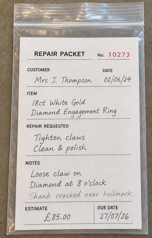 Handwritten jewellery repair packet uploaded to Datopia Flow, showing repair notes, due date and an added pencil note about a cracked shank